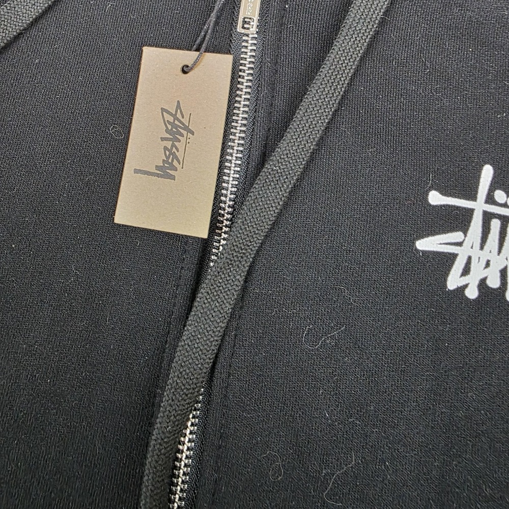 Stussy Hoodie Mens Large Black Full Zip Logo Back Graphic Fleece Sweatshirt - Picture 3 of 16